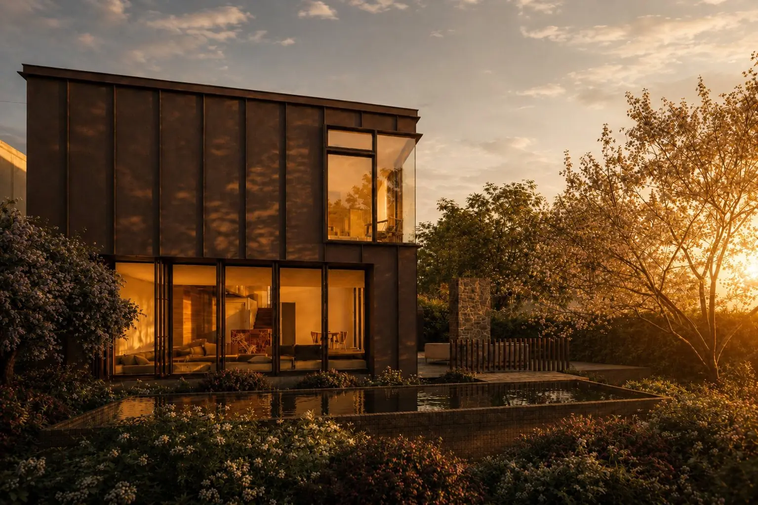 Render: the black pavilion at dusk across the pond, lit from inside
