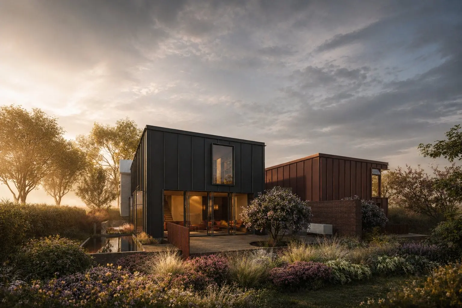 Render: black and rust-red pavilions in a misty garden at dawn